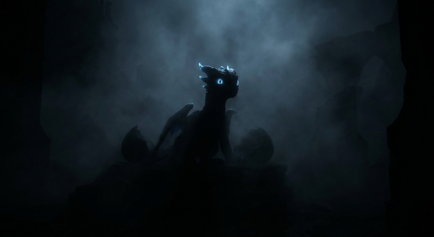 A hidden dragon silhouette in the fog — only its glowing blue eyes are visible